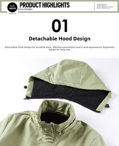 Detail of the detachable hood design with zipper attachment on olive green cargo jacket