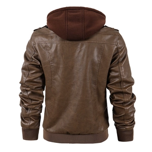 Detail view of brown PU leather jacket back with a detachable dark knit hood and ribbed cuffs
