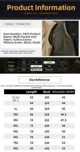 Detailed size chart for men's cotton multi-pocket outdoor vest from M to 8XL size