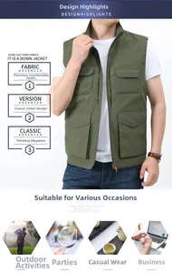 Detail view of army green multi-pocket outdoor vest with stand collar and durable windproof fabric