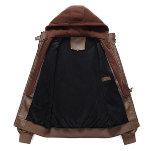 Detail view of brown PU leather jacket with black fleece lining and ribbed cuffs