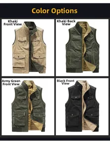 Detail view of double-sided cotton outdoor vests with multi-pocket design in four colors