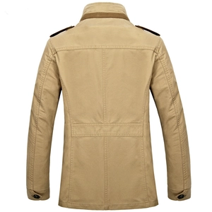 Men's khaki mid-length business jacket with shoulder straps and waist stitching