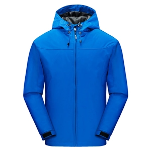 Waterproof royal blue men's hooded outdoor jacket with adjustable drawstrings and grey lining