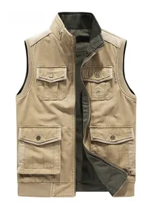 Detailed close-up of khaki outdoor vest showing functional cargo pockets and metal buttons