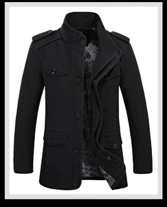 Men's black military style business jacket with stand collar and four utility pockets