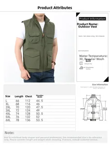 Detailed size chart for men's outdoor fishing vest showing L to 6XL dimensions in cm