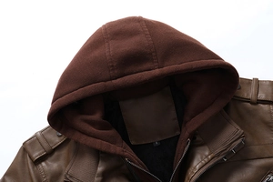 Close-up of brown PU leather jacket collar with soft detachable fleece hood and size tag