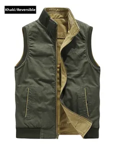 Detail of reversible cotton vest showing army green exterior and khaki lining features