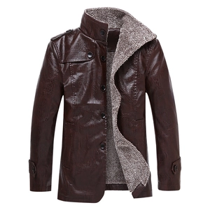 Men's vintage brown leather jacket with warm fleece lining and stand collar design