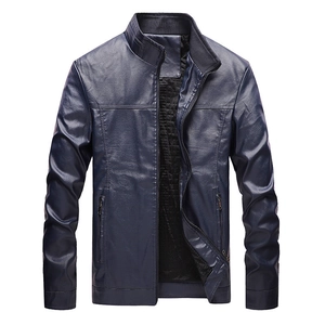 Veste homme en similicuir bleu marine avec col montant et poches zippées de style décontracté