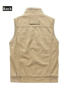 Back view of khaki cotton casual vest showing high-quality stitching and ribbed stand collar