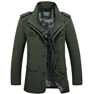 Men's dark green business casual mid-length windbreaker jacket with multi-pocket design