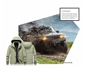 Detail view of military cargo jacket featuring tactical arm pocket and outdoor patch