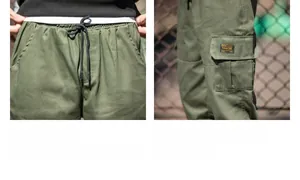 Detail view of army green cargo pants featuring elastic drawstring waist and side flap pockets