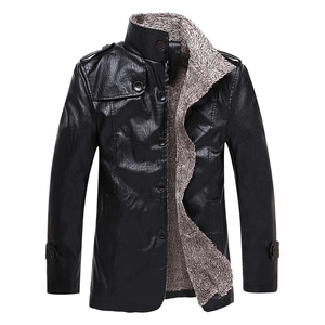 Men's black PU leather jacket with warm fleece lining and stand collar design
