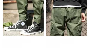 Detail view of olive green cargo pants featuring large side pockets and rear patch pockets