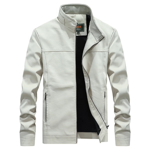 Veste homme en similicuir ivoire à col montant avec fermeture éclair et poches