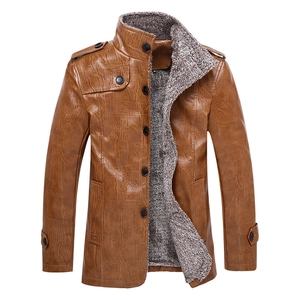 Men's brown faux leather jacket with warm fleece lining and vintage embossed texture