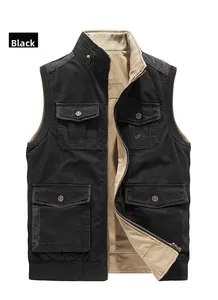 Detailed front view of black cotton vest with four large pockets and khaki lining