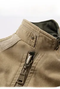 Detail of outdoor vest collar and metal zipper with premium twill cotton fabric texture