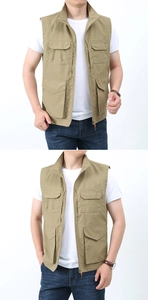 Detail view of khaki multi-pocket utility vest for men with stand collar and zipper