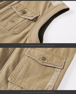 Detail view of khaki cotton vest featuring retro metal buttons and JP 1971 pocket logo