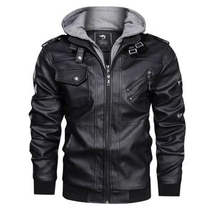Men PU Leather Jacket With Detachable Hood Fleece Lined Warm Winter Moto Biker Coat Casual Fashion Outerwear For Men