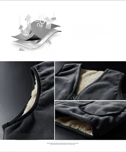 Detail of dark grey vest showing windproof fabric and warm beige fleece lining texture