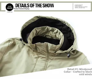 Close-up of khaki military jacket featuring windproof hood with fleece lining and drawstrings