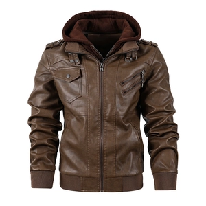 Men's dark brown faux leather biker jacket with removable hood and ribbed cuffs