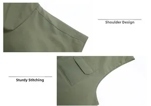 Detail of olive green outdoor vest showing shoulder stitching and durable cargo pocket