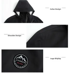 Détails de la capuche, de l'épaule et du logo rond d'une veste d'extérieur noire