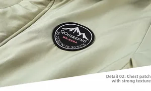 Macro detail of military cargo jacket featuring a mountain embroidery patch and fabric texture