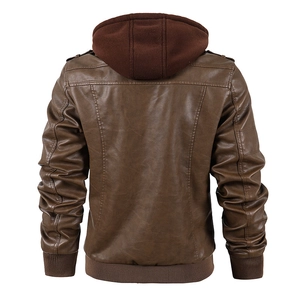 Men's dark brown faux leather jacket with detachable fabric hood and ribbed cuffs