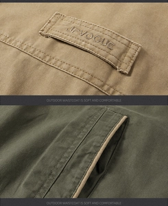 Detail of high-quality twill cotton fabric and double stitching on outdoor waistcoat