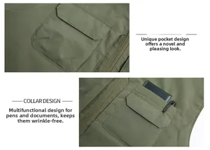 Detail of multi-pocket tactical vest showing functional pen and card storage design