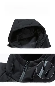 Detail of windproof hood and adjustable drawstring system on a black men vest