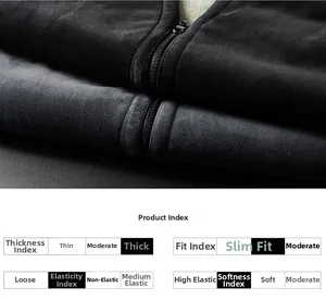 Detailed chart showing thickness and soft texture of black winter fleece vest for men