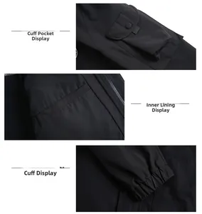 Détails de la poche de manche et des poignets élastiques sur une veste noire outdoor
