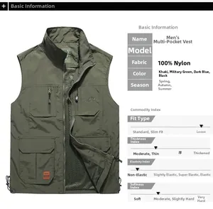 Detail of army green nylon utility vest showing multiple pockets and durable zip closure