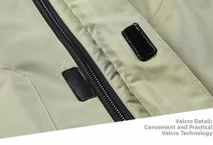 Detail of windproof tactical jacket with velcro closure and durable black zipper