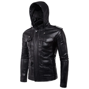 Detail of black hooded leather jacket featuring four large flap pockets and shoulder epaulets