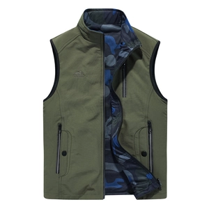 Gilet Cargo Réversible pour Hommes 100% Polyester Multi-Poches Col Montant pour la Pêche la Photographie la Randonnée