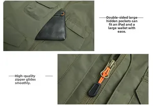 Detail of army green outdoor vest showing large internal pocket for tablets and smooth zipper