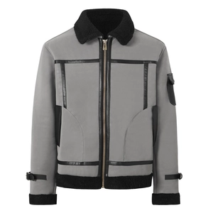 Detail of grey aviator jacket with black faux shearling trim on collar and cuffs