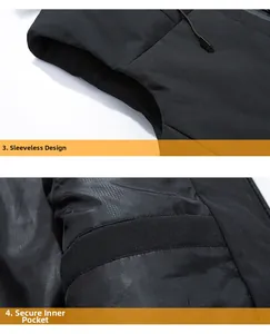 Detail of heated vest showing sleeveless design armhole and inner safety pocket with USB cable