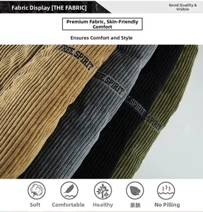 Close-up of premium corduroy fabric textures in various colors with embroidery detail