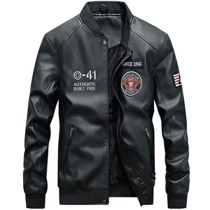 Men's retro black PU leather bomber jacket with vintage patches and ribbed cuffs