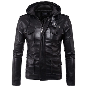 Detailed view of black faux leather hooded jacket featuring four large flap pockets and zippers